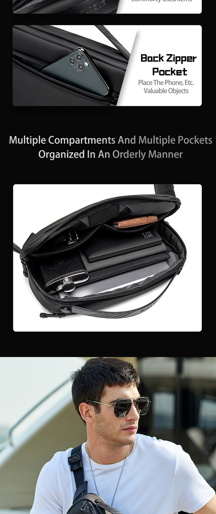 Arctic Hunter Cross Body Travel Sling Bag Water Resistant Anti-Theft Tough Men Series Unisex Messenger Shoulder bag, Y00020 Black