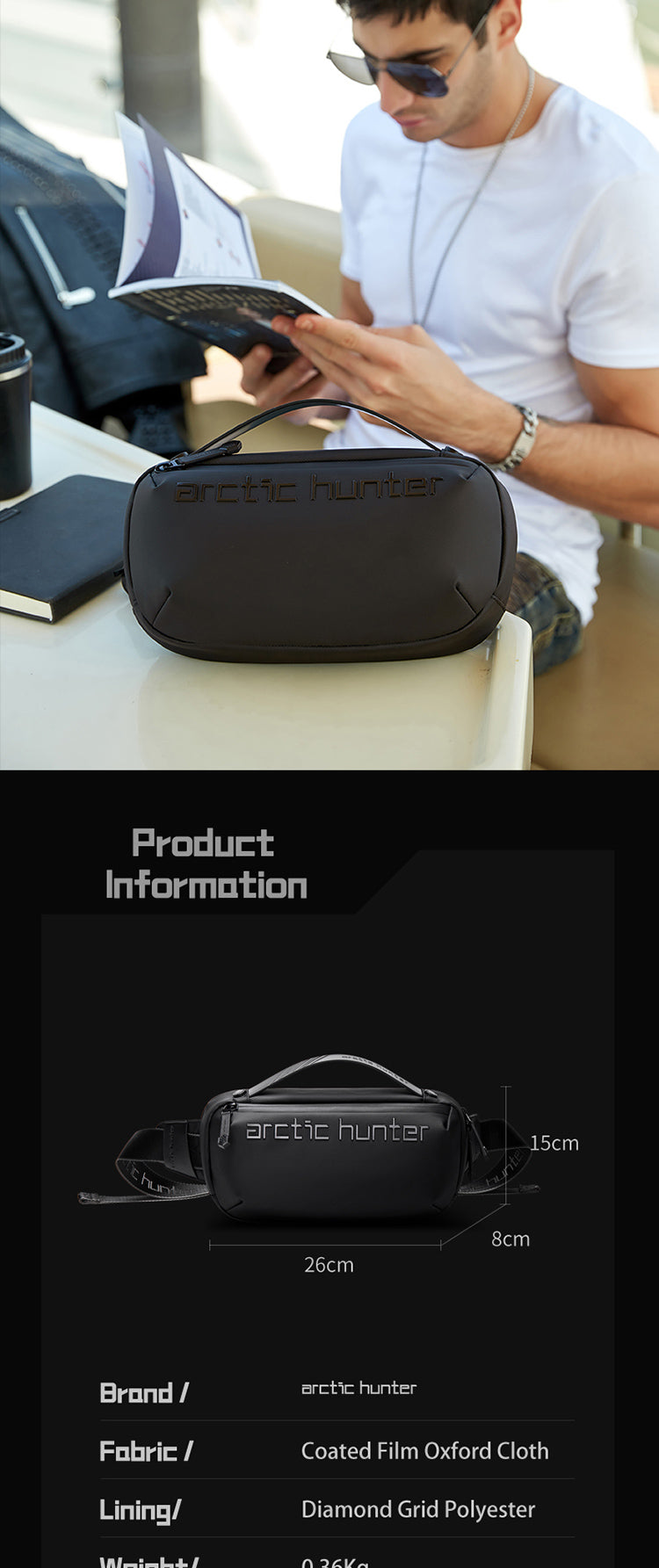 Arctic Hunter Cross Body Travel Sling Bag Water Resistant Anti-Theft Tough Men Series Unisex Messenger Shoulder bag, Y00020 Black