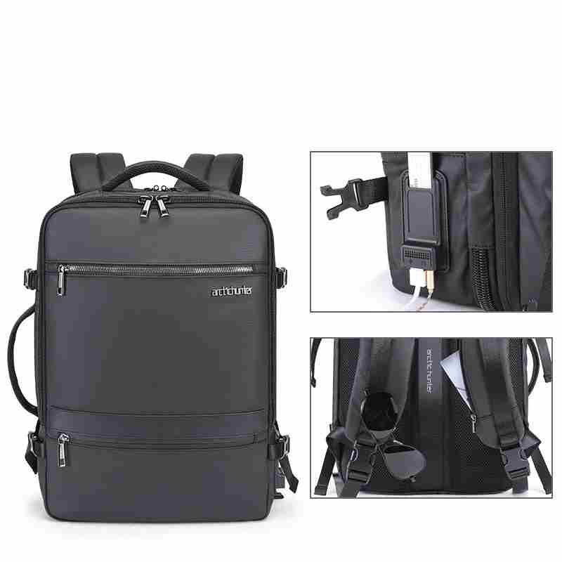 Arctic Hunter Expandable Travel Backpack Water Resistant 180° Opening Built In USB/Headphone Port Computer Bag for Men Women, B00350 - Black