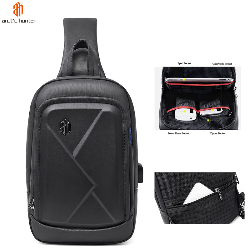 Arctic Hunter Hard Shell Cross-Body Sling Bag Water Resistant Anti-Theft Unisex Shoulder bag with Built in USB Port for Travel Business, XB00080